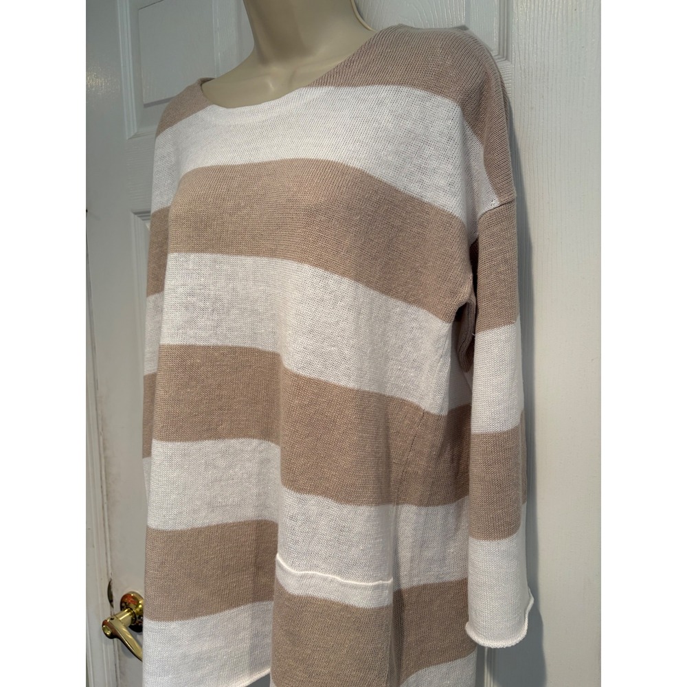 Eileen Fisher Organic Linen Striped Sweater Tan White Large S18SVD Pockets